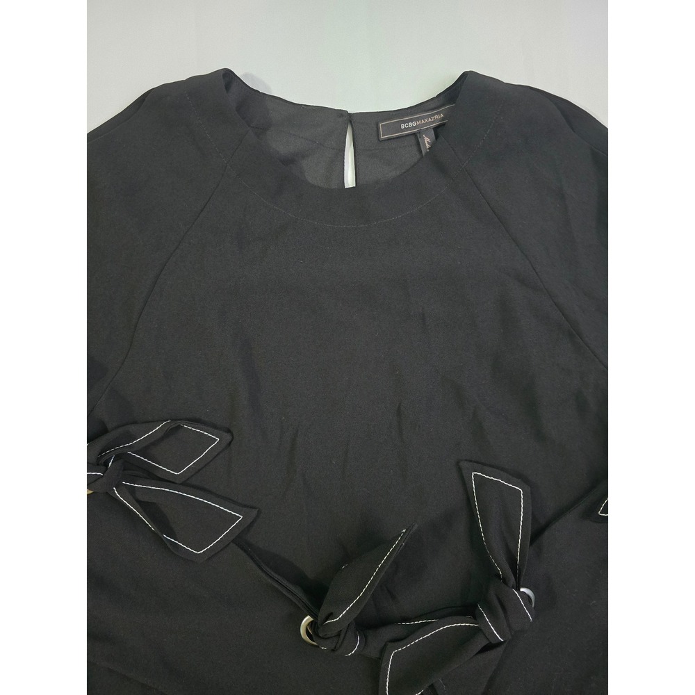 BCBGMAXAZRIA Black Grommet Tie Sleeve Blouse Crew Neck Top XS - Picture 5 of 16